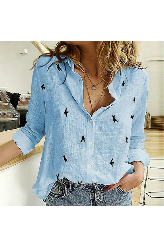 Womens Blouses Long Sleeve Collar Print Button Front Tops for Women Fashion versatile Fall Fashion Miss Loose Buttons Bird Print Lapel s T-shirts Blouse Tops