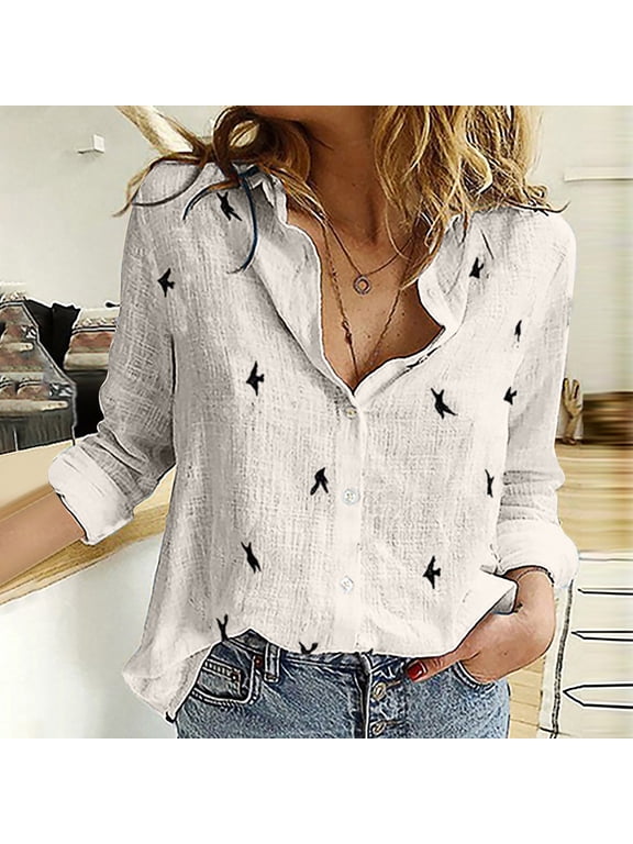 Womens Blouses Long Sleeve Collar Print Button Front Tops for Women Fashion versatile Fall Fashion Miss Loose Buttons Bird Print Lapel s T-shirts Blouse Tops