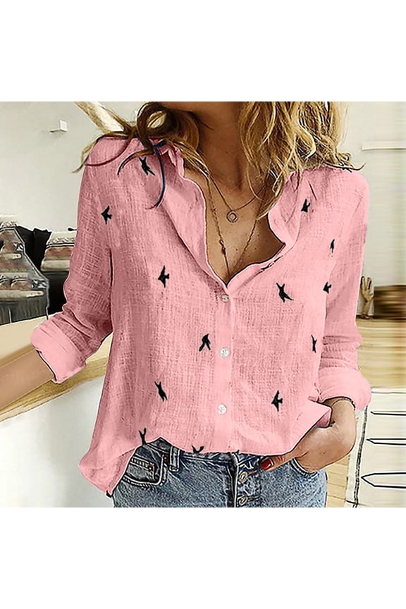 Womens Blouses Long Sleeve Collar Print Button Front Tops for Women Fashion versatile Fall Fashion Miss Loose Buttons Bird Print Lapel s T-shirts Blouse Tops