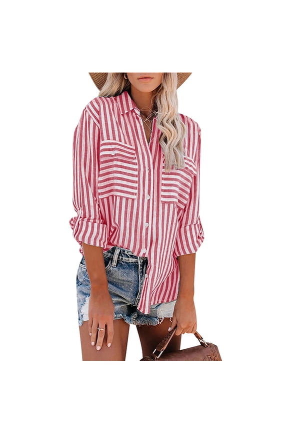 Womens Blouses Long Sleeve Collar Print Button Front Tops for Women Fashion versatile Fall Miss Tops Striped Printed Single Breasted Shirt Cotton Linen Tops