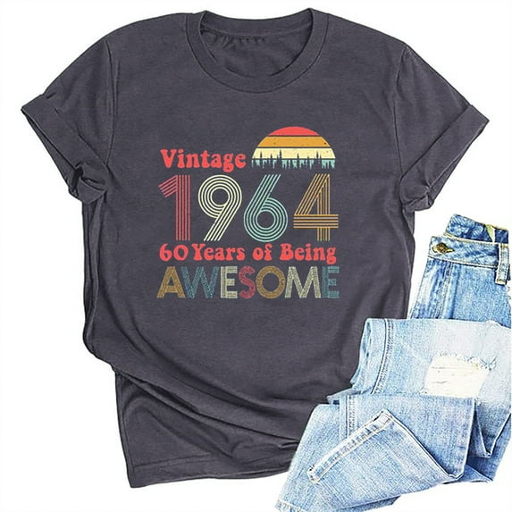 Kayannuo Womens Blouses Short Sleeve T Shirts for Women Valentine's Day 1964 Vintage Shirt For Women 60th Birthday Gifts 1964 Birthday Gifts Idea Retro Short Sleevel T Shirts Party Tops Tees