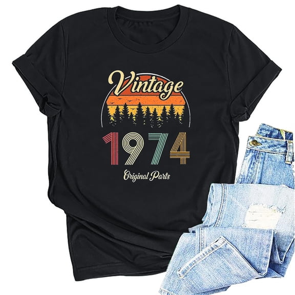 Kayannuo Womens Blouses Short Sleeve T Shirts for Women Valentine's Day 1974 Vintage Shirt For Women 50th Birthday Gifts 1974 Birthday Gifts Idea Retro Short Sleevel T Shirts Party Tops Tees