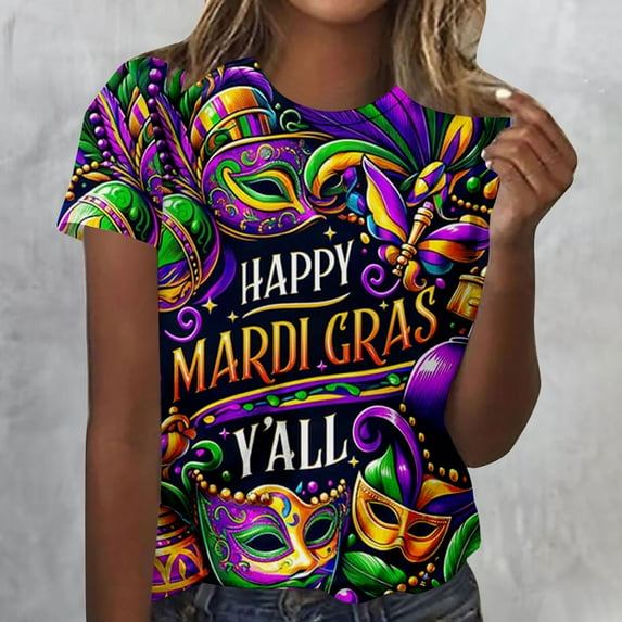 Kayannuo Womens Blouses Short Sleeve T Shirts for Women Valentine's Day Mardi Gras Women's Casual Short Sleeved Print Round Neck Top T-shirt