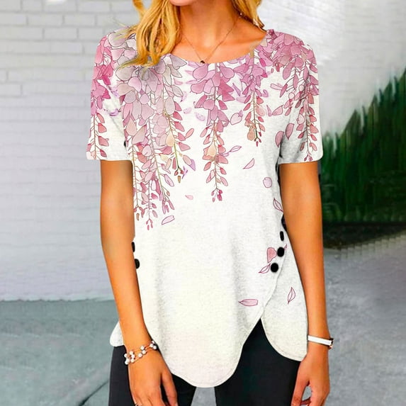 Kayannuo Womens Blouses Short Sleeve T Shirts for Women Valentine's Day Women's Fashion Printed Loose T-shirt Buttons Short Sleeves Blouse Round-Neck Casual Tops