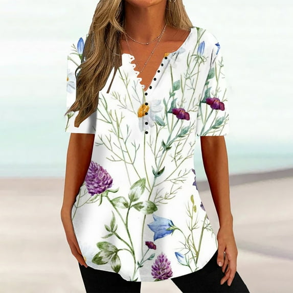 Kayannuo Womens Blouses Short Sleeve T Shirts for Women Valentine's Day Women's Summer V-neck Print Casual Loose Top Short Sleeve V-neck Button Blouses Tops