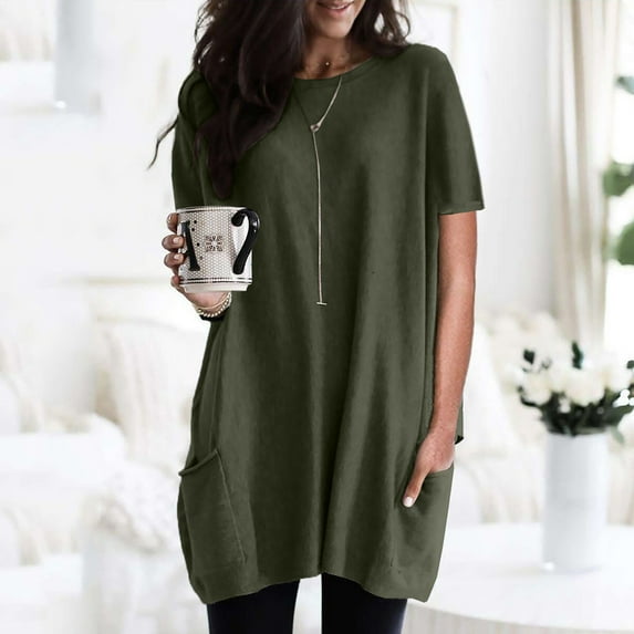 Kayannuo Womens Blouses Short Sleeve T Shirts for Women Valentine's Day Womens Casual Solid Color Round Neck Short Sleeve Loose Tops Blouses With Pocket