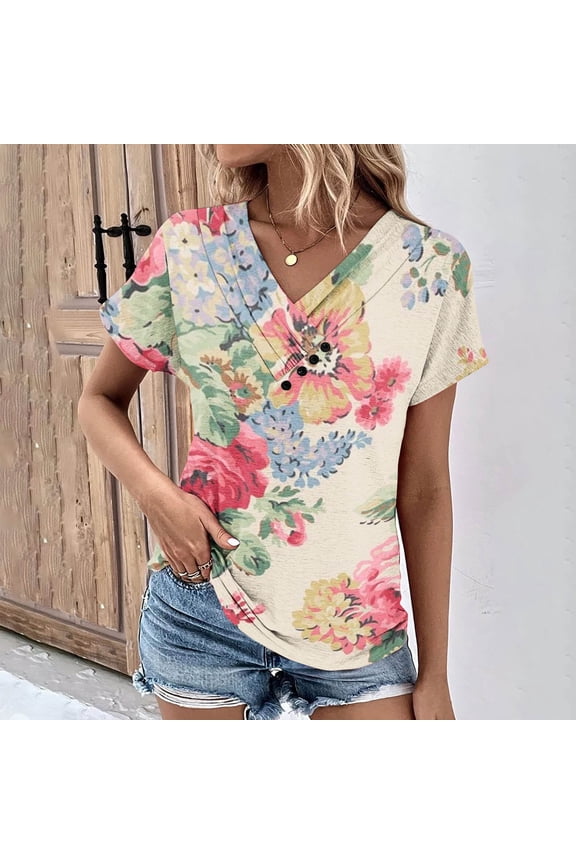 Womens Blouses Short Sleeve T Shirts for Women Valentine's Day Women's V-Neck Fashion Casual Short-Sleeved Spring And Summer Top