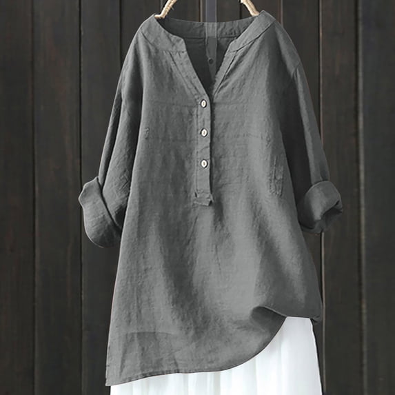 Kayannuo Womens Blouses Long Sleeve V-Neck Plain Button Front Tops for Women Fashion versatile Fall Miss Loose Button Cotton And Linen Tunic Shirts Summer Shirts Blouse