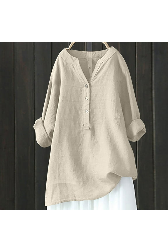 Womens Blouses Long Sleeve V-Neck Plain Button Front Tops for Women Fashion versatile Fall Miss Loose Button Cotton And Linen Tunic Shirts Summer Shirts Blouse