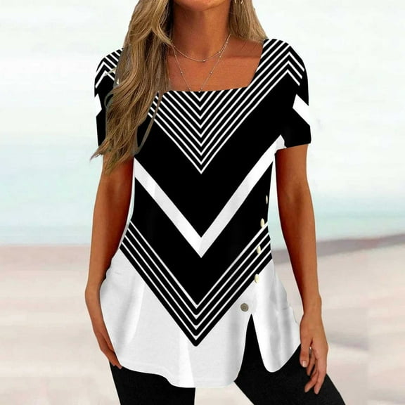 Kayannuo Womens Blouses Short Sleeve T Shirts for Women Valentine's Day Fashion Womens Casual Printed Square Neck Short Sleeve Buttons Tops Loose Blouses