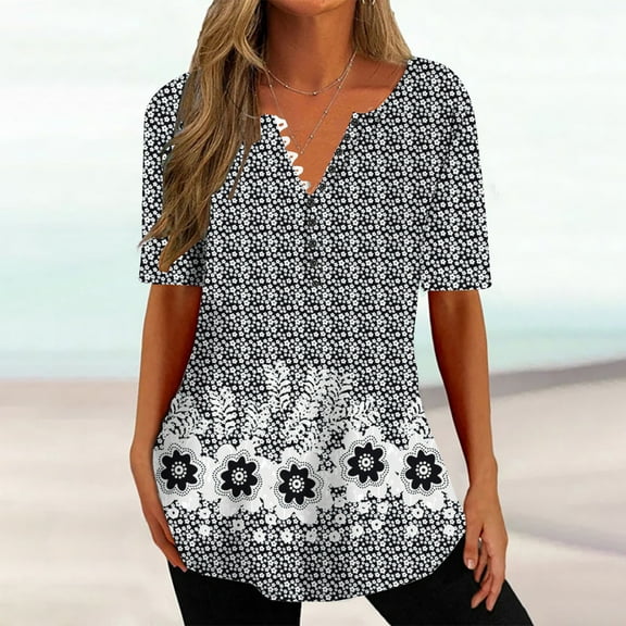 Kayannuo Womens Blouses Short Sleeve T Shirts for Women Valentine's Day Women's Fashion V-neck Print Casual Loose Short Sleeve Top Short Sleeve V-neck Top/Shirt