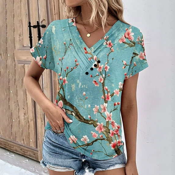 Kayannuo Womens Blouses Short Sleeve T Shirts for Women Valentine's Day Women's V-Neck Fashion Casual Short-Sleeved Spring And Summer Top