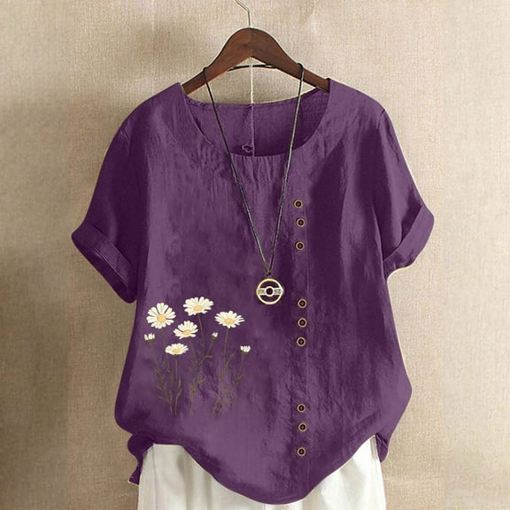Kayannuo Womens Blouses Women Casual And Linen Tops Printed Short Sleeve Button T-shirt Blouse Purple L