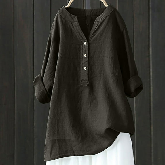 Kayannuo Womens Blouses Women's V-Neck Long Sleeve Loose Button Cotton And Linen Tunic Summer Blouse