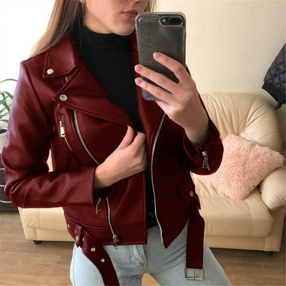 Kayannuo Womens Coats and Jackets Lapel Plain Open Front Tops for Women Women Cool Faux Leather Jacket Long Sleeve Zipper Fitted Coat Fall Short Jacket