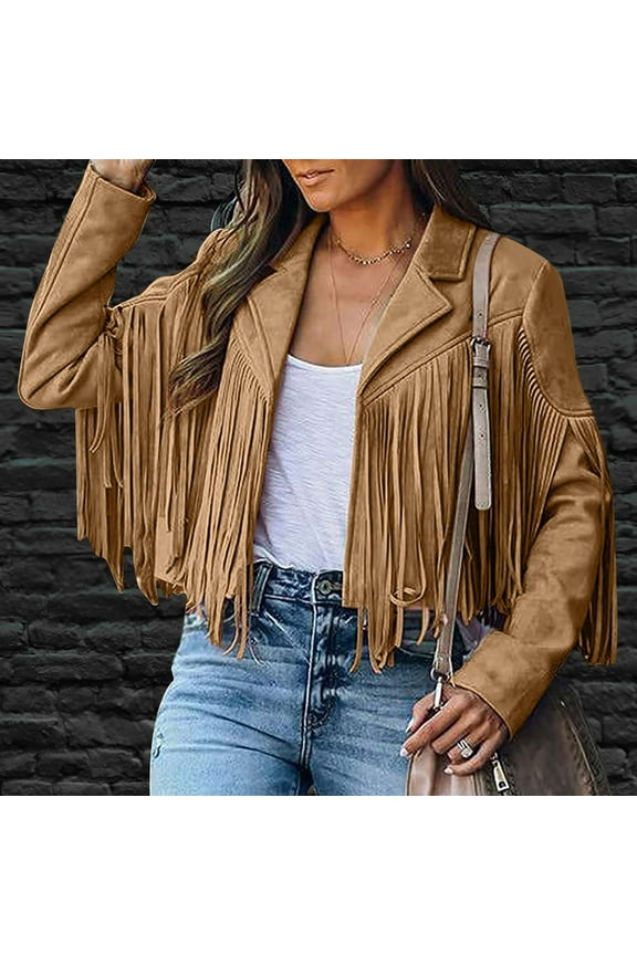Womens Coats and Jackets Fringe Trim Lapel Plain Open Front Tops for Women Fringe Coat For Women Faux Suede Leather Cowboy Style Coat Long Sleeve Tassels Cardigan Coat