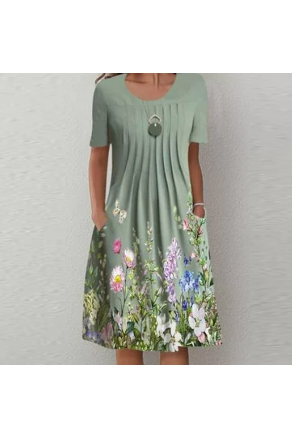 Womens Dresses Dresses For Women 2022 Christmas Women'S Summer Casual Round Neck Short Sleeve Folding Floral Printed Dresses