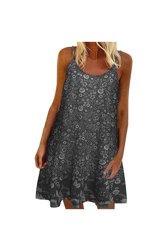 Womens Dresses Round Neck Sleeveless Print Christmas Summer Dresses For Women 2023 Fashion Women Summer O-Neck Casual Printing Slim Caims Sleeveless Mini Dress Gray