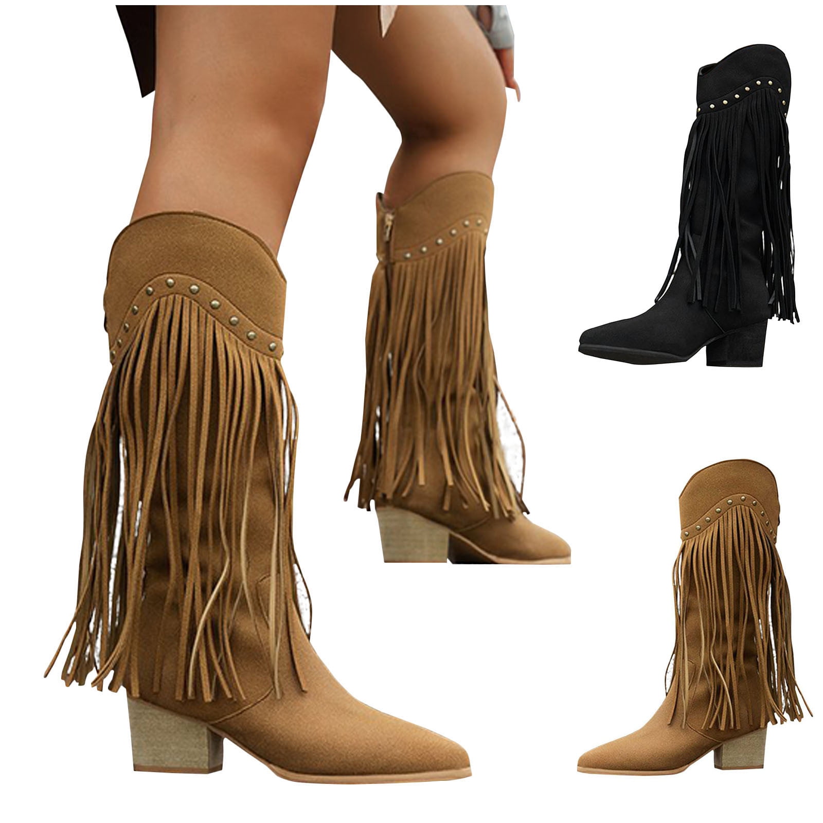 Kayannuo Womens Fringe Western Boots Fashion Hidden Heel