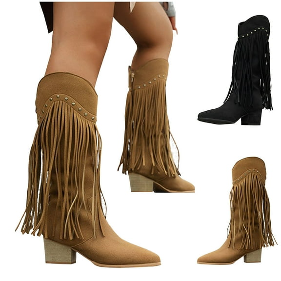 Kayannuo Womens Fringe Western Boots Fashion Hidden Heel Knee-high Boots Wide Calf Riding Cowgirl Cowboy boots