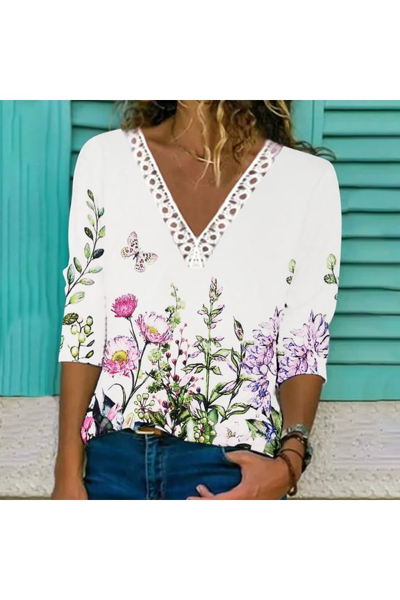 Womens Long Sleeve Tops Long Sleeve V-Neck Floral Print Lace Insert Fall Blouses for Women Fashion versatile Miss Fashion Printed Lace s Blouse Casual Tops