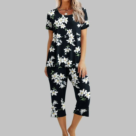 Kayannuo Womens Pajama Sets Drop Shoulder Short Sleeve Nightshirt Women Casual Fashion Women's Printing Round Neck Short Sleeve Sleepshirt And Pants Sets Loungewear Pajamas With Pockets