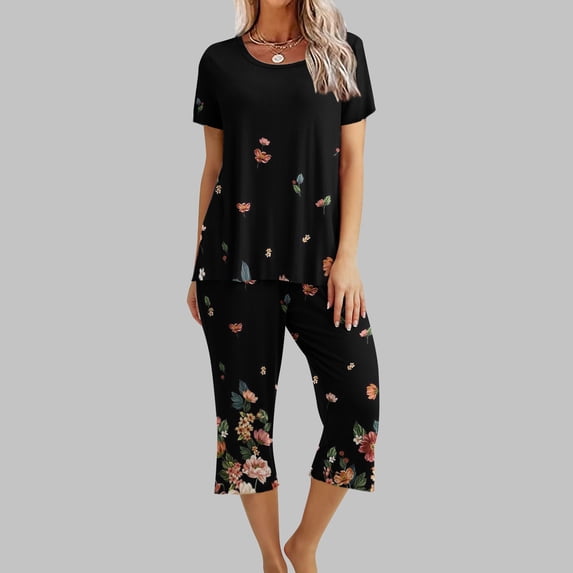 Kayannuo Womens Pajama Sets Drop Shoulder Short Sleeve Nightshirt Women Casual Fashion Women's Printing Round Neck Short Sleeve Sleepshirt And Pants Sets Loungewear Pajamas With Pockets