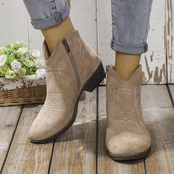 Kayannuo Womens Shoes Boots Womens Fashion Low Heel Ankle Boots Women's Round Large Size Embroidery Women's Short Boots V-mouth Shoes