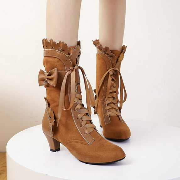 Kayannuo Womens Shoes Boots Womens Fashion Women's Boots Flanged Bow Burnt Knight Boot Ribbon Mid-calf Ankle Boots