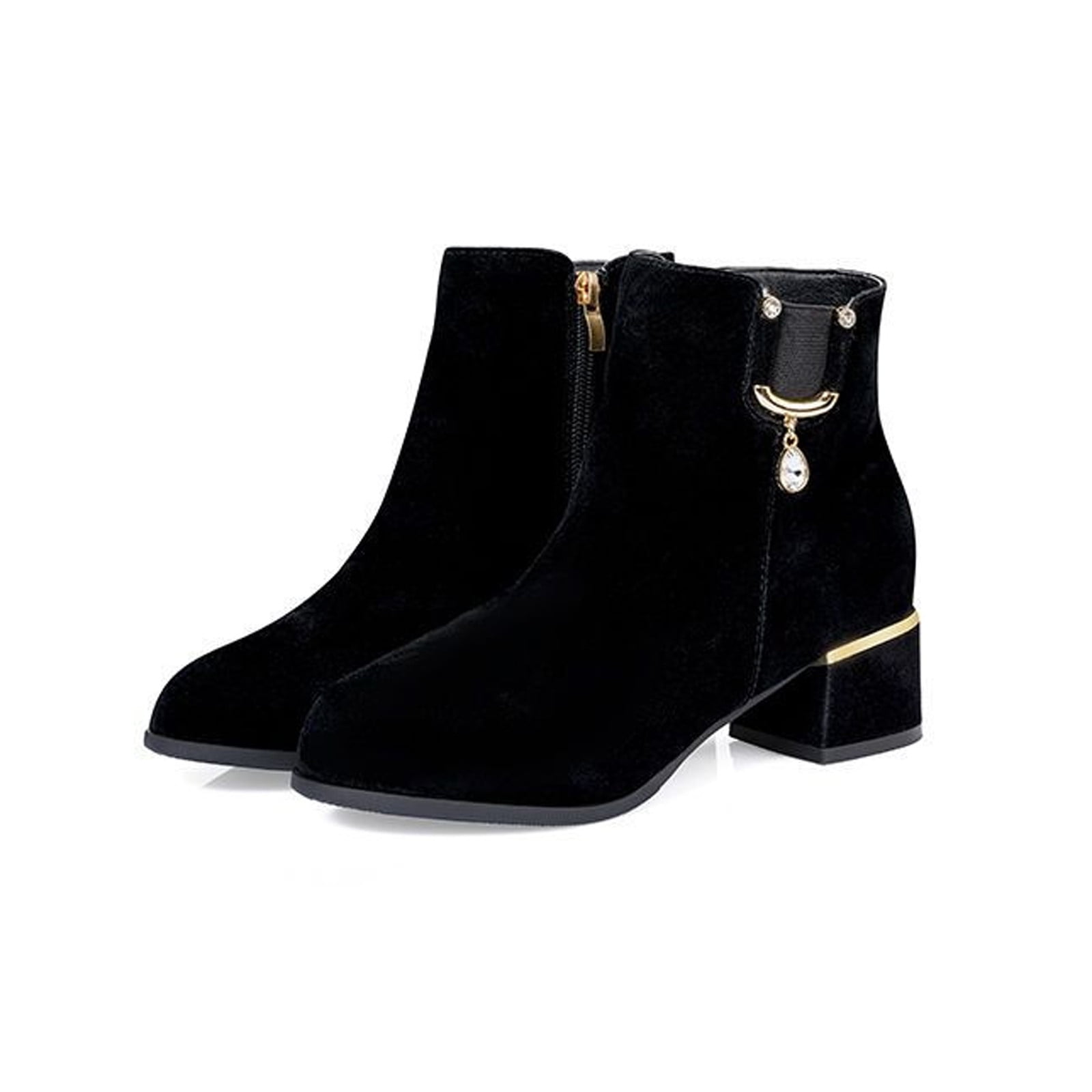 NUANXIN Fashionable Frosted Thick Heel Short Boots With Water Drill Detail - Side Zipper, Rubber Sole, Women's Sizes 4-10.5