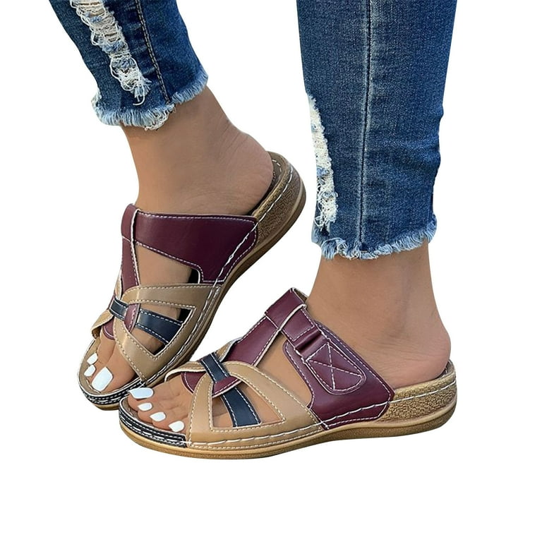 Kayannuo Womens Shoes Clearance Summer Womens Fashion Large sized Slope Heel Thick Soled Hollow Out Slippers Casual Stitching Color Blocking Retro Roman Fish Mouth Slippers Walmart