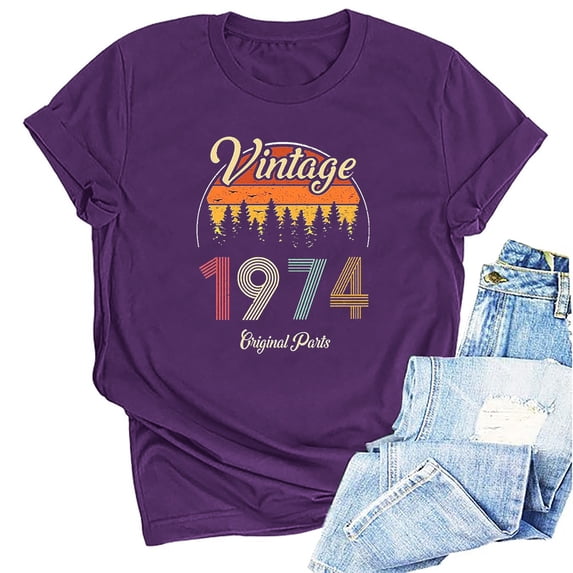 Kayannuo Womens Tops Shirts for Women Valentine's Day 1974 Vintage Shirt For Women 50th Birthday Gifts 1974 Birthday Gifts Idea Retro Short Sleevel T Shirts Party Tops Funny Tees
