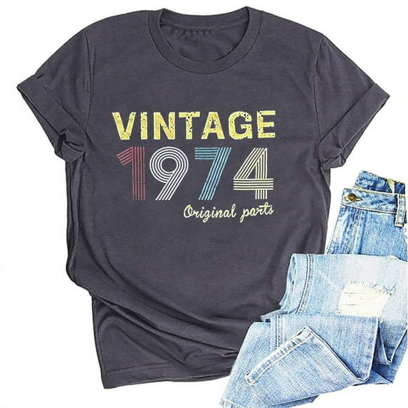Kayannuo Womens Tops Shirts for Women Valentine's Day 1974 Vintage Shirt For Women 50th Birthday Gifts 1974 Birthday Gifts Idea Retro Short Sleevel T Shirts Party Tops Funny Tees