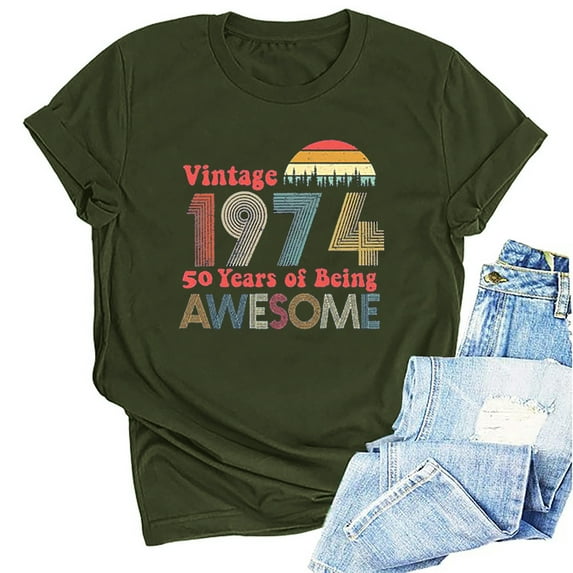 Kayannuo Womens Tops Shirts for Women Valentine's Day 1974 Vintage Shirt For Women 50th Birthday Gifts 1974 Birthday Gifts Idea Retro Short Sleevel T Shirts Party Tops Funny Tees