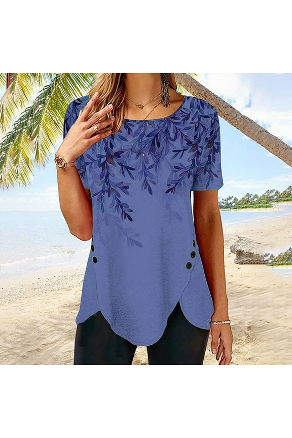 Womens Tops Shirts for Women Valentine's Day Women's Fashion Printed Loose T-shirt Buttons Short Sleeves Blouse Round-Neck Casual Tops