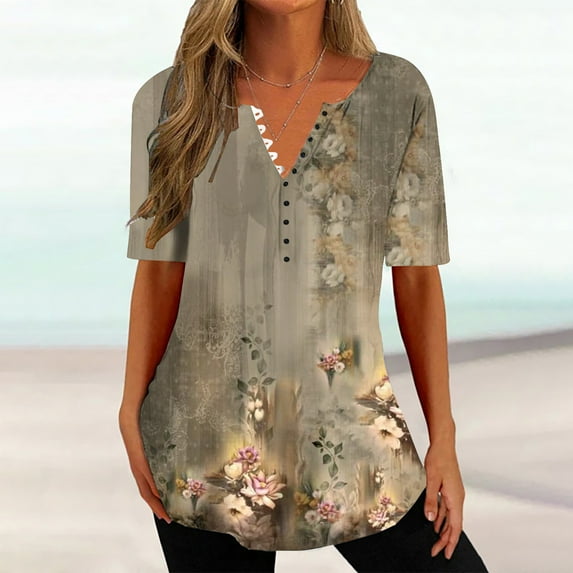 Kayannuo Womens Tops Shirts for Women Valentine's Day Women's Fashion V-neck Print Casual Loose Short Sleeve Top Short Sleeve V-neck Top/Shirt