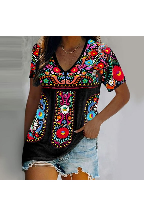 Womens Tops Shirts for Women Valentine's Day Fashion Woman Causal V-Neck Printing Blouse Short Sleeve T-Shirt Summer Tops