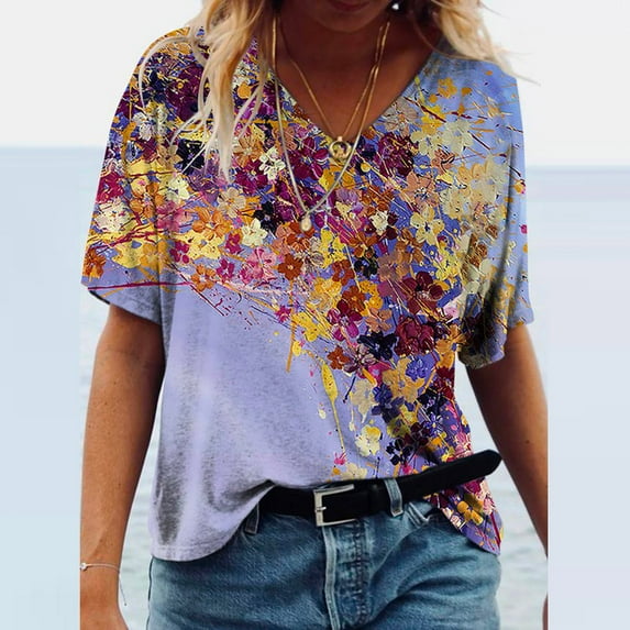 Kayannuo Womens Tops Shirts for Women Valentine's Day Fashion Women's Summer Printed Short Sleeve V-Neck T-Shirt Casual Tee Tops