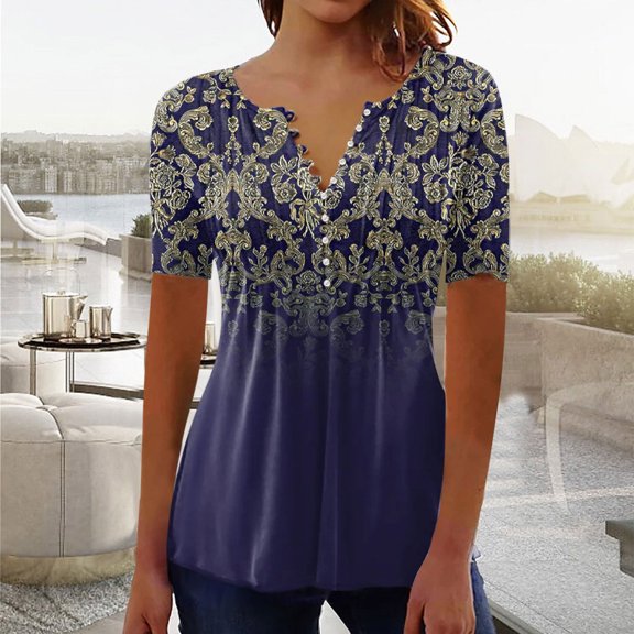 Kayannuo Womens Tops Shirts for Women Valentine's Day Women Fashion Casual Print Round Neck Loose Short Sleeve T-shirt Top Blouse Pullover