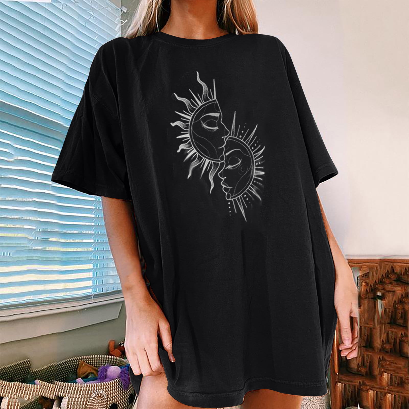 Binshre Sunflower Shirt For Women - Funny Graphic Tee, Short Sleeve, Casual Loose Fit Tops, Beige, Size M