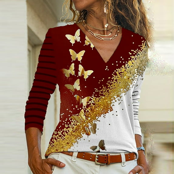 Kayannuo Womens Tops Long Sleeve Fall Women Ladies Print Long Sleeve Zipper V-Neck Pullover Blouse Tops Shirts