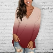 KAYANNUO Womens Tops Long Sleeve Fall Women's V Neck T Shirts Casual Gradient Tops Blouse Tunic Long Sleeve Fit Tees
