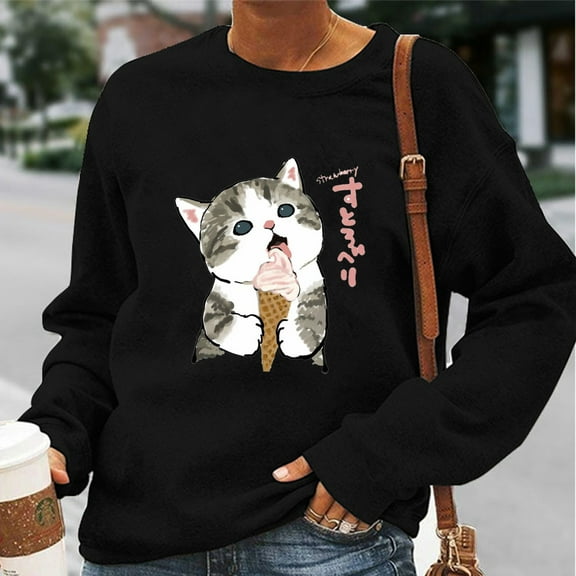 Kayannuo Womens Tops Long Sleeve Fall Fashion Women Casual O-neck Animal Cat Printing Long-sleeved Sweatshirt