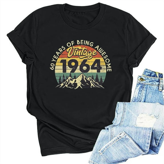 Kayannuo Womens Tops Shirts for Women Valentine's Day 1964 Vintage Shirt For Women 60th Birthday Gifts 1964 Birthday Gifts Idea Retro Short Sleevel T Shirts Party Tops Funny Tees