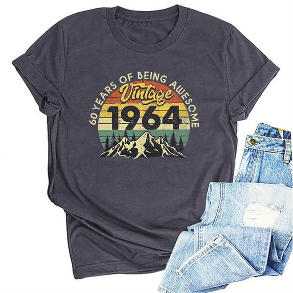 Kayannuo Womens Tops Shirts for Women Valentine's Day 1964 Vintage Shirt For Women 60th Birthday Gifts 1964 Birthday Gifts Idea Retro Short Sleevel T Shirts Party Tops Funny Tees