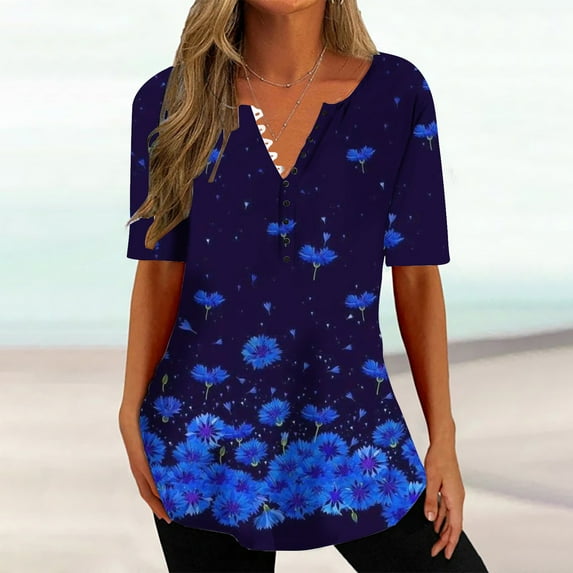 Kayannuo Womens Tops Shirts for Women Valentine's Day Women's Fashion V-neck Print Casual Loose Short Sleeve Top Short Sleeve V-neck Top/Shirt