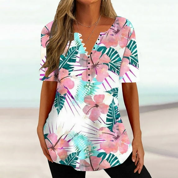 Kayannuo Womens Tops Shirts for Women Valentine's Day Women's Summer V-neck Print Casual Loose Top Short Sleeve V-neck Button Blouses Tops