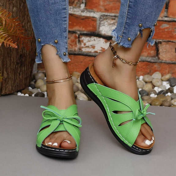 Kayannuo Womens Wedge Sandals Women's Summer Plus Wedge Heels Solid Color Bow Fish Mouth Beach Slippers Gifts for Women