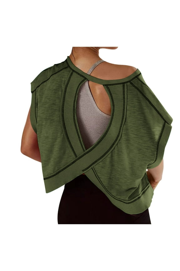 Workout Tops for Women Open Back Short Sleeve Shirts Backless Gym Yoga Athletic T-shirt Trendy Running Crop Tee Top Army Green M