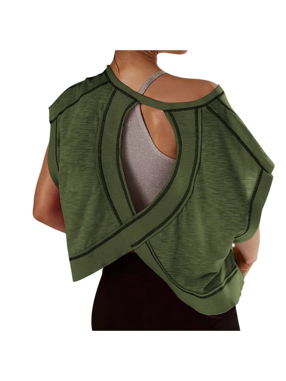 Workout Tops for Women Open Back Short Sleeve Shirts Backless Gym Yoga Athletic T-shirt Trendy Running Crop Tee Top Army Green S